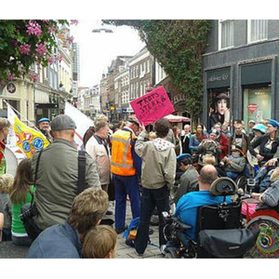 Disability Pride 2013: De lange stoet trekt door de Arnhemse winkelstraten.